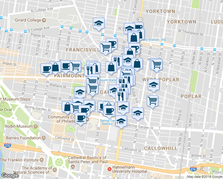 map of restaurants, bars, coffee shops, grocery stores, and more near 1516 North Street in Philadelphia