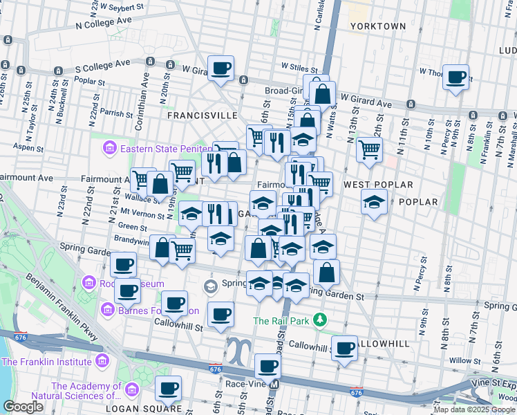 map of restaurants, bars, coffee shops, grocery stores, and more near 1528 North Street in Philadelphia