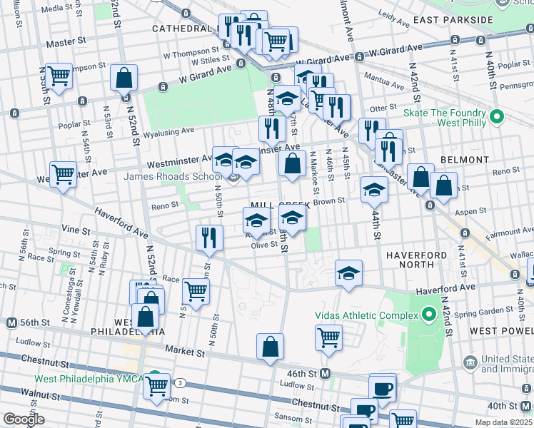 map of restaurants, bars, coffee shops, grocery stores, and more near 4828 Brown Street in Philadelphia