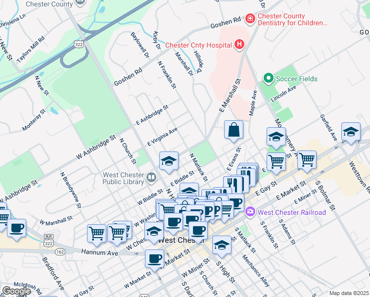 map of restaurants, bars, coffee shops, grocery stores, and more near 141 Marshall Street in West Chester