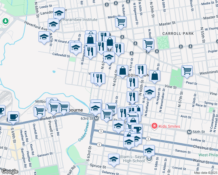 map of restaurants, bars, coffee shops, grocery stores, and more near 203 North Felton Street in Philadelphia