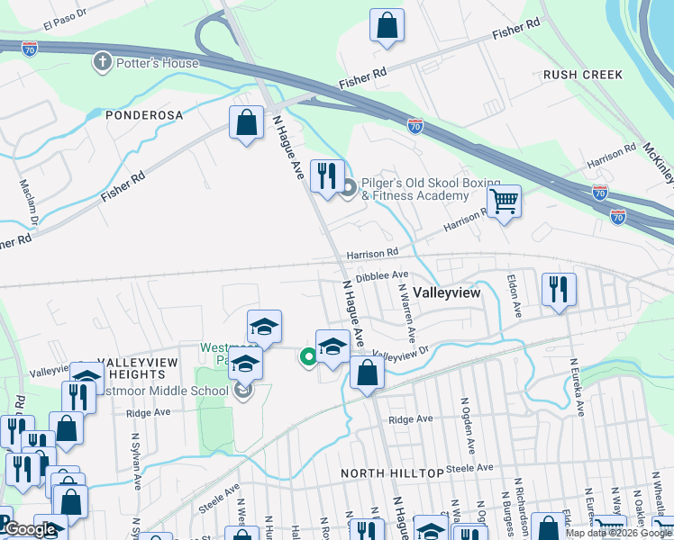 map of restaurants, bars, coffee shops, grocery stores, and more near 545 North Hague Avenue in Columbus