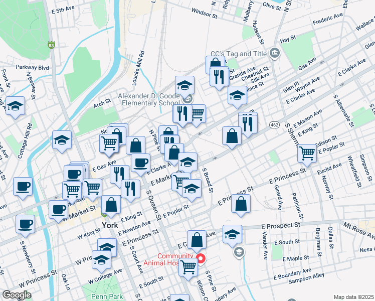 map of restaurants, bars, coffee shops, grocery stores, and more near 364 East Philadelphia Street in York
