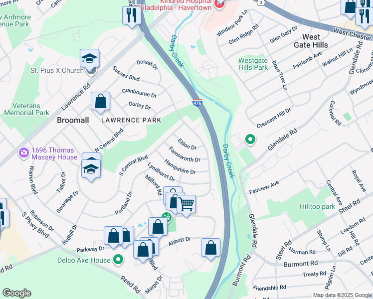 map of restaurants, bars, coffee shops, grocery stores, and more near 412 Eldon Drive in Broomall