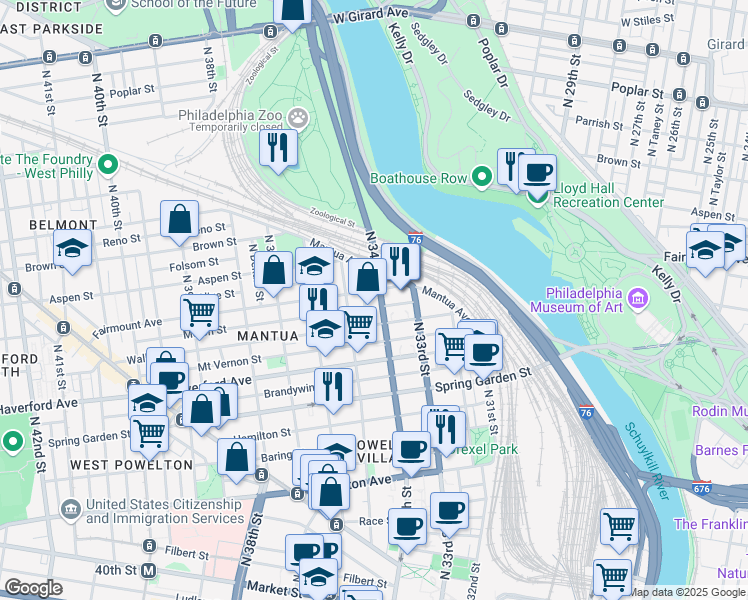 map of restaurants, bars, coffee shops, grocery stores, and more near 674 North 34th Street in Philadelphia