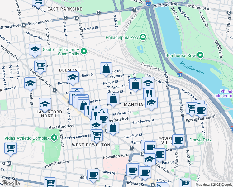 map of restaurants, bars, coffee shops, grocery stores, and more near 3846 Olive Street in Philadelphia