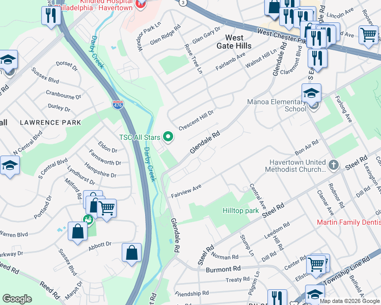 map of restaurants, bars, coffee shops, grocery stores, and more near 333 Francis Drive in Havertown