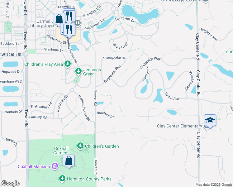 map of restaurants, bars, coffee shops, grocery stores, and more near 12415 Hoover Road in Carmel