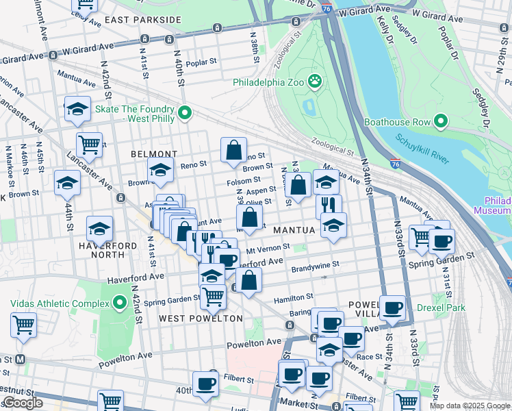 map of restaurants, bars, coffee shops, grocery stores, and more near 3846 Olive Street in Philadelphia