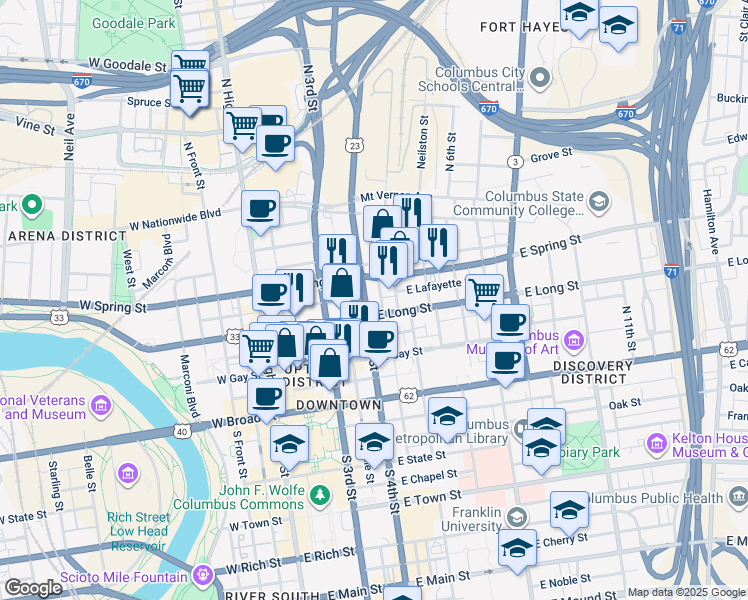 map of restaurants, bars, coffee shops, grocery stores, and more near 152 North 4th Street in Columbus