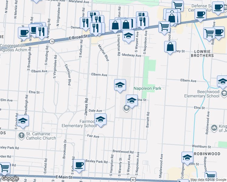 map of restaurants, bars, coffee shops, grocery stores, and more near 294 Mayfair Boulevard in Columbus