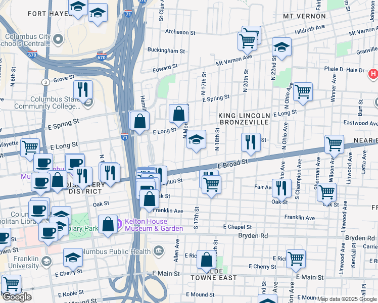 map of restaurants, bars, coffee shops, grocery stores, and more near 56 North Monroe Avenue in Columbus