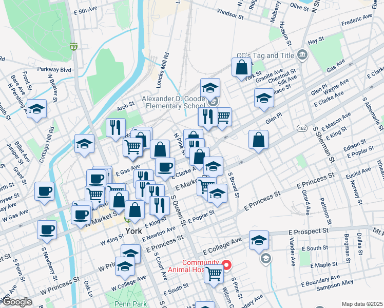 map of restaurants, bars, coffee shops, grocery stores, and more near 303 East Philadelphia Street in York