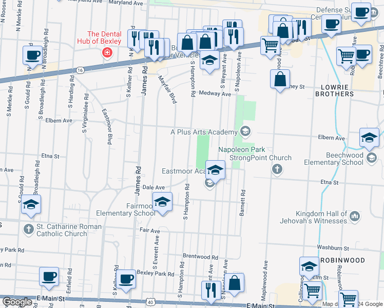 map of restaurants, bars, coffee shops, grocery stores, and more near 298 South Hampton Road in Columbus