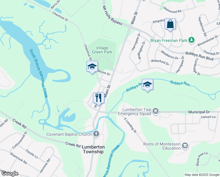 map of restaurants, bars, coffee shops, grocery stores, and more near 614 Main Street in Lumberton