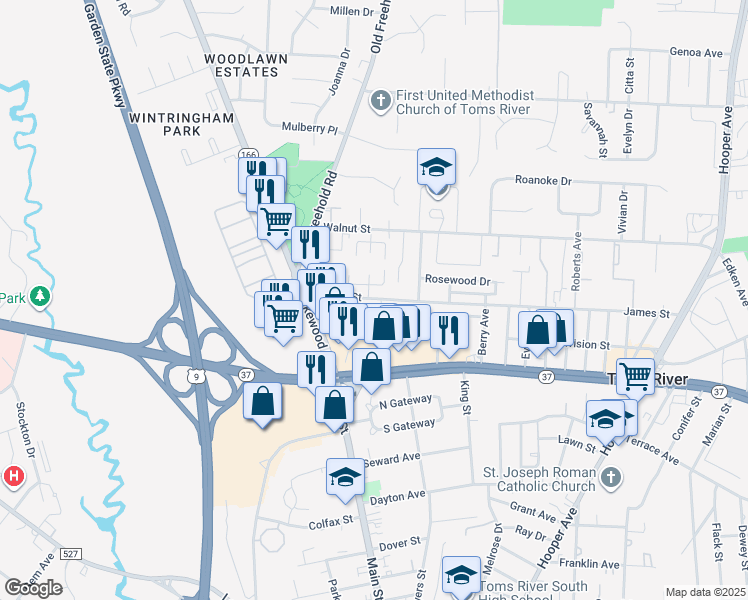 map of restaurants, bars, coffee shops, grocery stores, and more near 25 James Street in Toms River