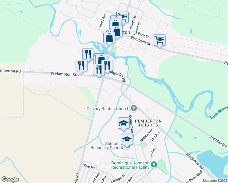 map of restaurants, bars, coffee shops, grocery stores, and more near 2 Magnolia Road in Pemberton