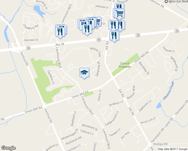map of restaurants, bars, coffee shops, grocery stores, and more near 313B Delancey Place in Mount Laurel Township