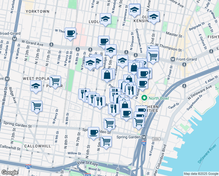 map of restaurants, bars, coffee shops, grocery stores, and more near 465 Myrtle Street in Philadelphia
