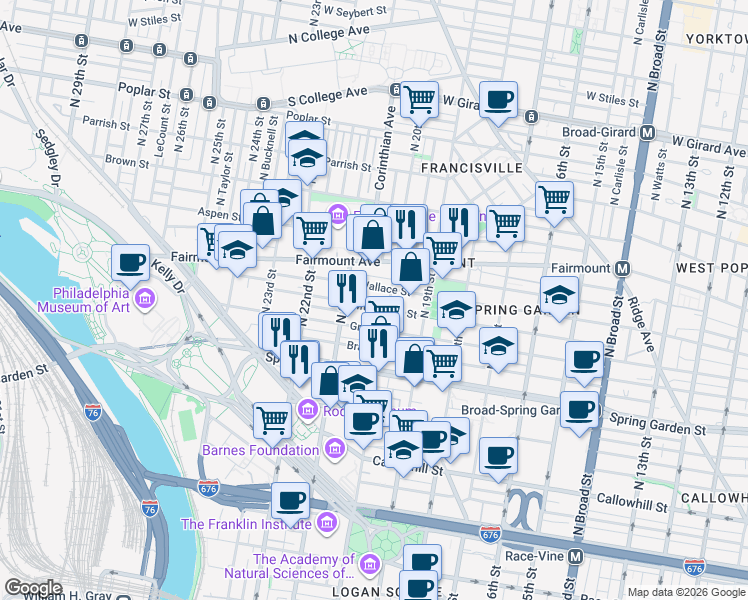 map of restaurants, bars, coffee shops, grocery stores, and more near 2011 Mount Vernon Street in Philadelphia