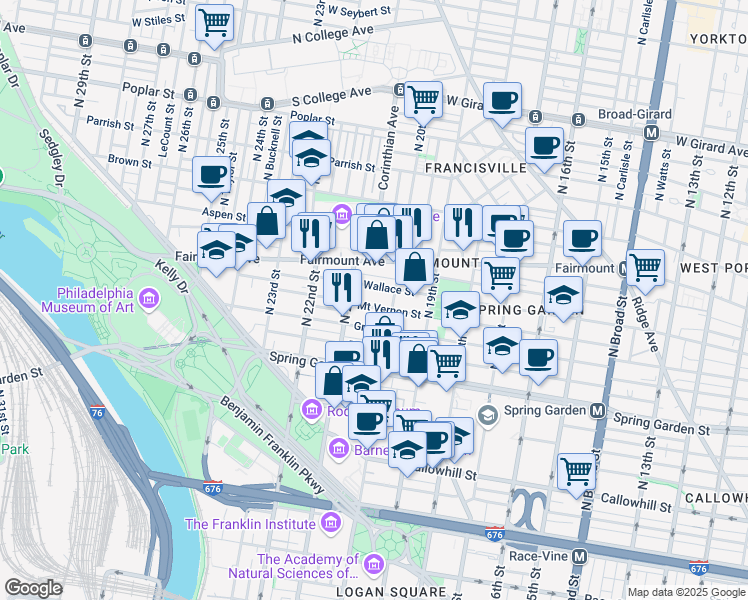 map of restaurants, bars, coffee shops, grocery stores, and more near 2011 Mount Vernon Street in Philadelphia