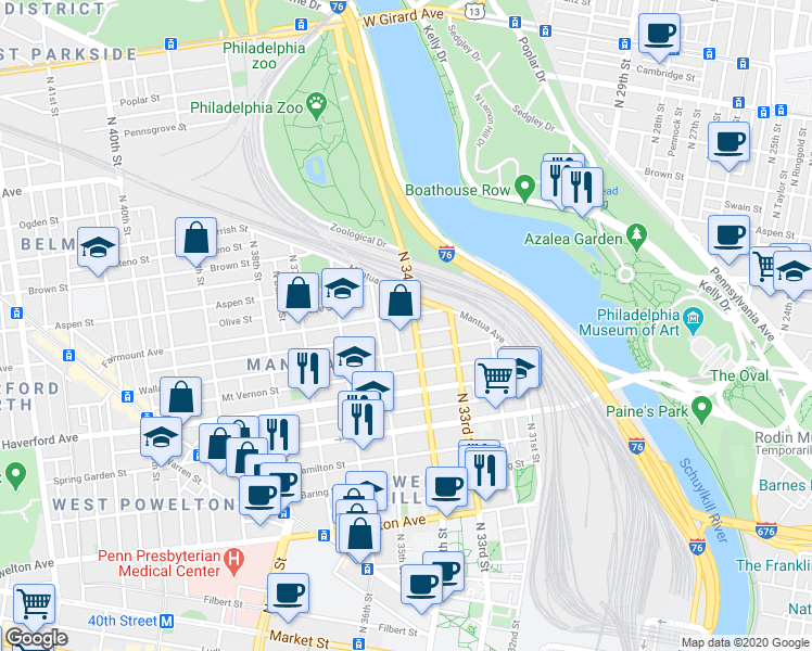 map of restaurants, bars, coffee shops, grocery stores, and more near 673 North 34th Street in Philadelphia