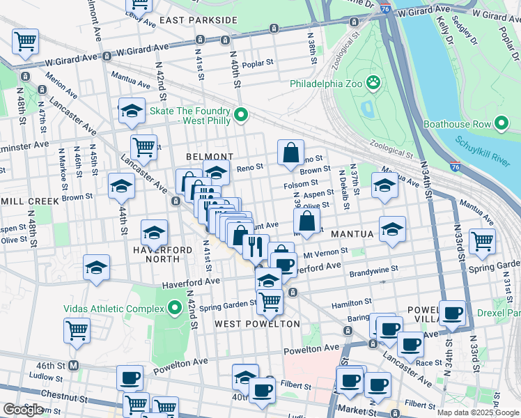 map of restaurants, bars, coffee shops, grocery stores, and more near 729 North 40th Street in Philadelphia