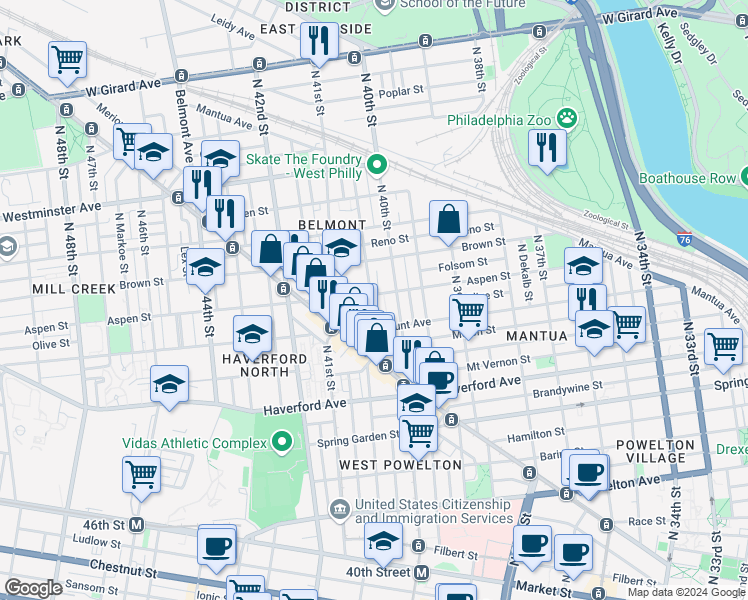 map of restaurants, bars, coffee shops, grocery stores, and more near 4028 Aspen Street in Philadelphia