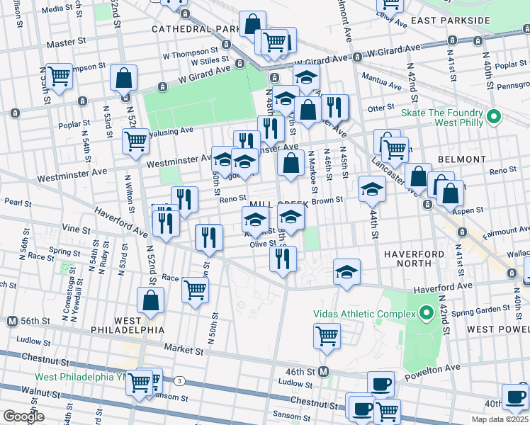 map of restaurants, bars, coffee shops, grocery stores, and more near 4828 Brown Street in Philadelphia