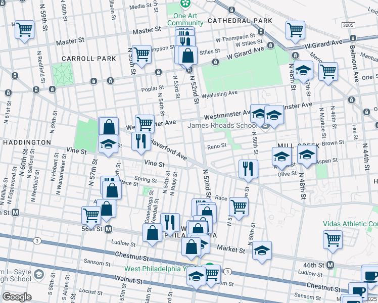 map of restaurants, bars, coffee shops, grocery stores, and more near 5305 Haverford Avenue in Philadelphia