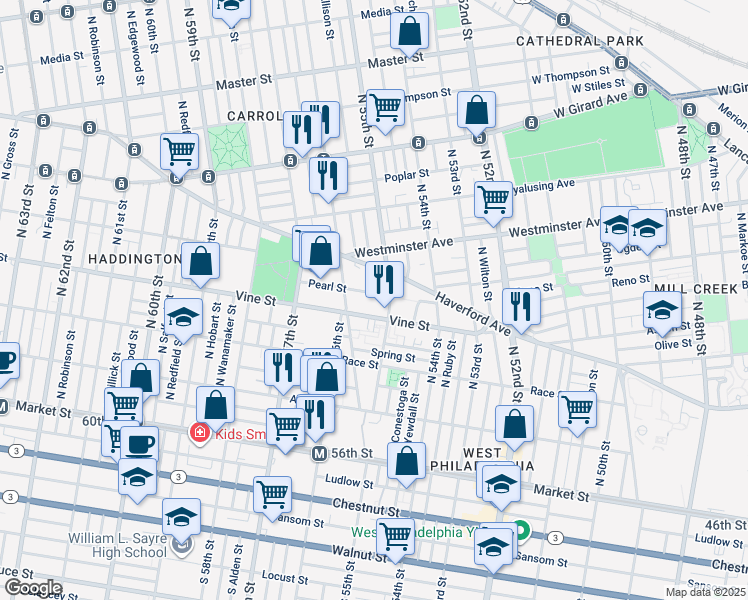 map of restaurants, bars, coffee shops, grocery stores, and more near 5522 Pearl Street in Philadelphia
