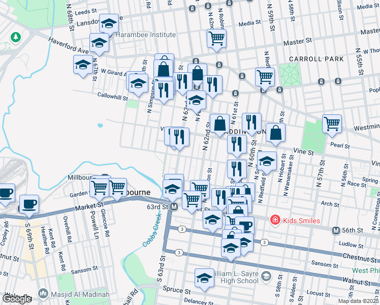 map of restaurants, bars, coffee shops, grocery stores, and more near 207 North Felton Street in Philadelphia