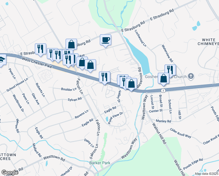 map of restaurants, bars, coffee shops, grocery stores, and more near 1324 West Chester Pike in West Chester