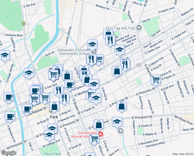 map of restaurants, bars, coffee shops, grocery stores, and more near 362 East Philadelphia Street in York