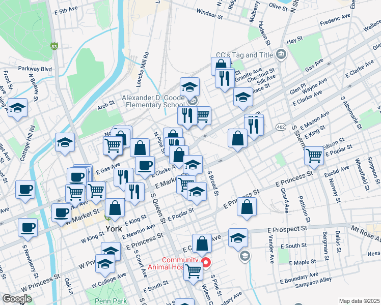 map of restaurants, bars, coffee shops, grocery stores, and more near 362 East Philadelphia Street in York