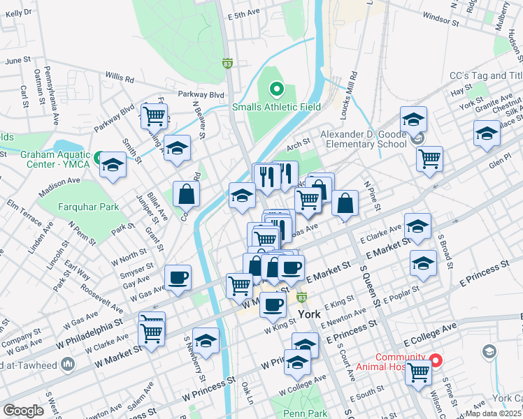 map of restaurants, bars, coffee shops, grocery stores, and more near 231 Interstate 83 Business in York