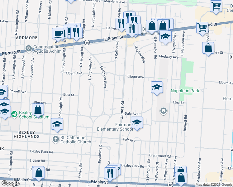 map of restaurants, bars, coffee shops, grocery stores, and more near 269 South Kellner Road in Columbus