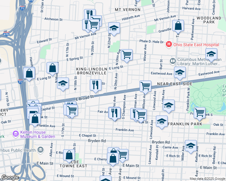 map of restaurants, bars, coffee shops, grocery stores, and more near 1100 East Broad Street in Columbus