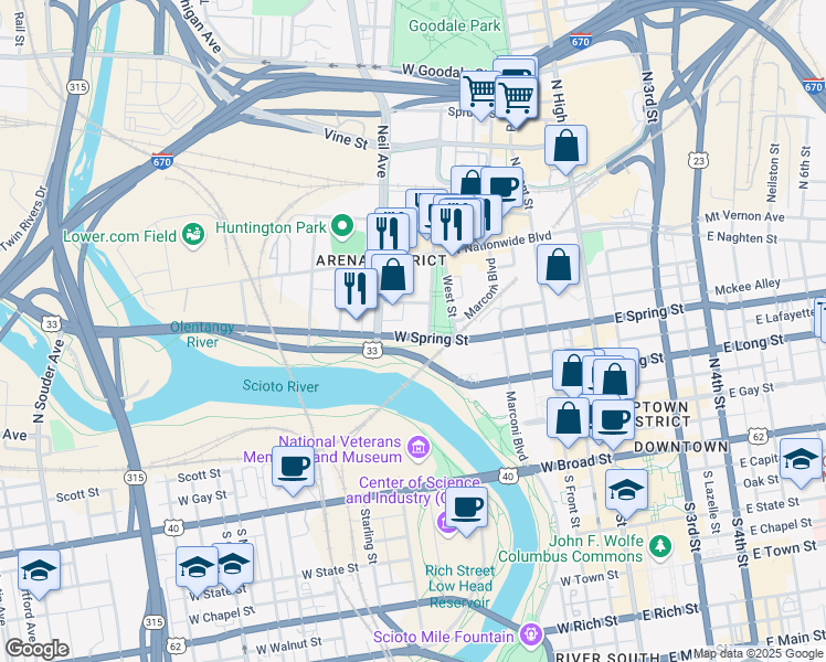 map of restaurants, bars, coffee shops, grocery stores, and more near 254 U.S. 33 in Columbus