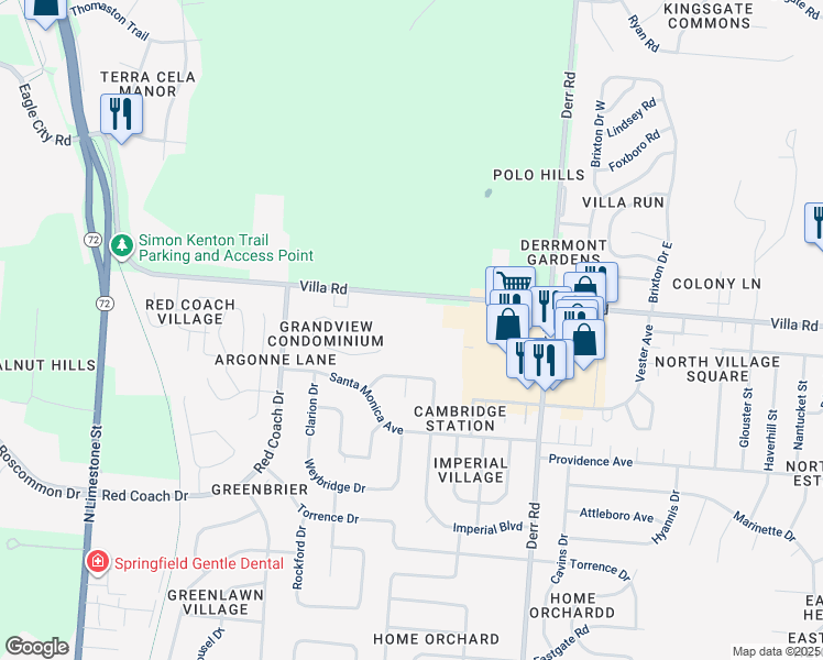 map of restaurants, bars, coffee shops, grocery stores, and more near 701 Villa Road in Springfield