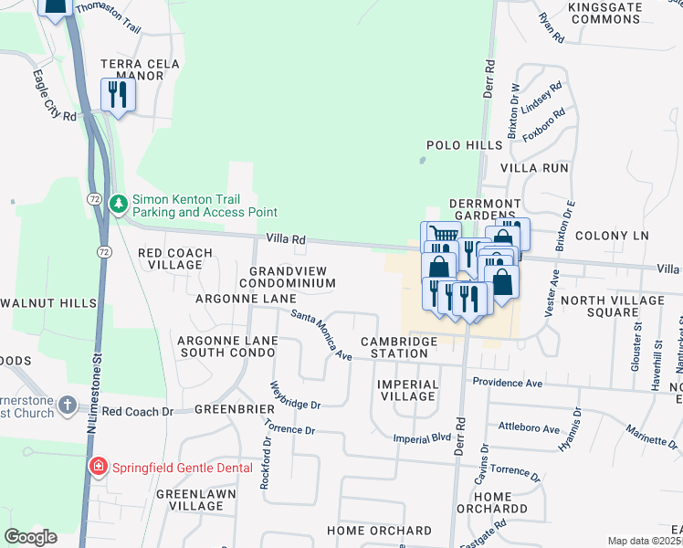 map of restaurants, bars, coffee shops, grocery stores, and more near 643 Villa Road in Springfield