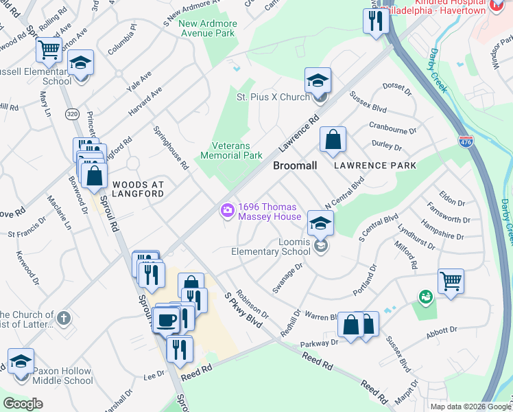 map of restaurants, bars, coffee shops, grocery stores, and more near 361 Hastings Blvd in Broomall