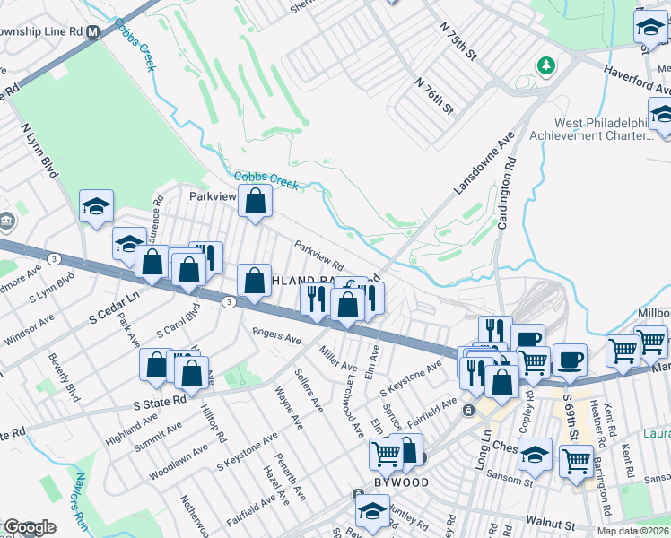 map of restaurants, bars, coffee shops, grocery stores, and more near 116 Ardsley Road in Delaware County