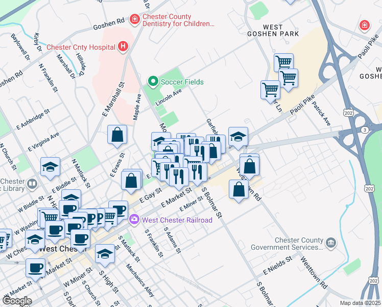 map of restaurants, bars, coffee shops, grocery stores, and more near 17 Montgomery Avenue in West Chester