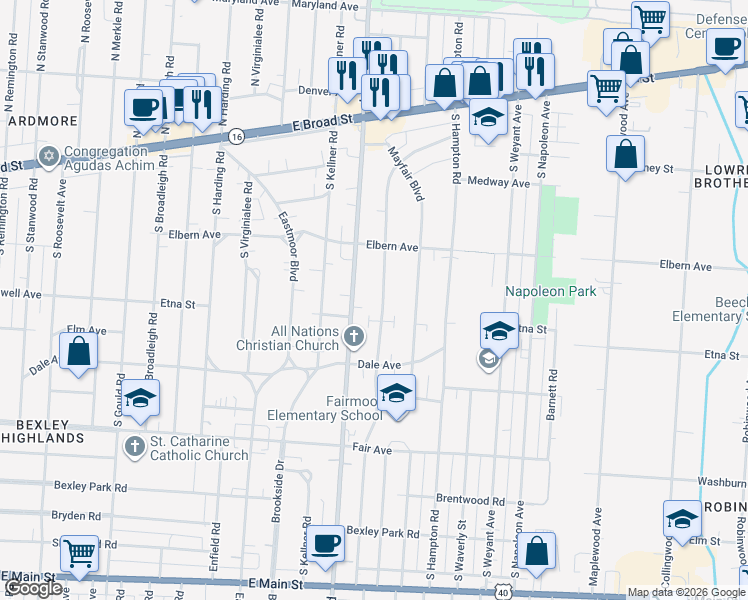 map of restaurants, bars, coffee shops, grocery stores, and more near 298 South Ashburton Road in Columbus