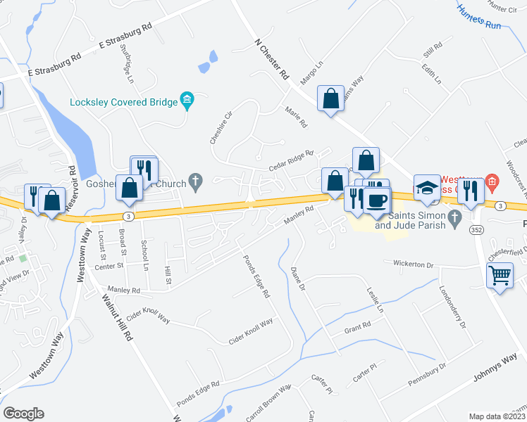 map of restaurants, bars, coffee shops, grocery stores, and more near 522 Summit House in West Chester