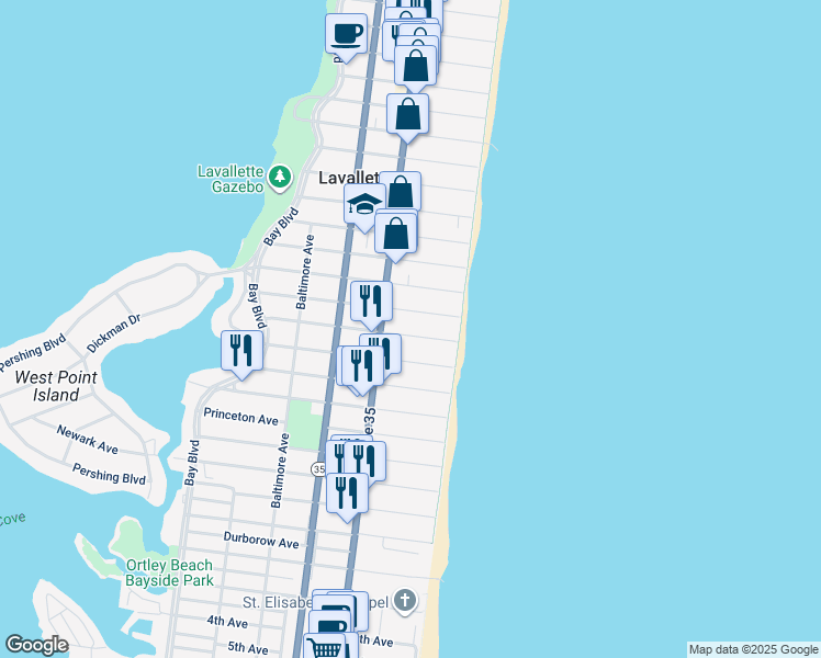 map of restaurants, bars, coffee shops, grocery stores, and more near 17 Pennsylvania Avenue in Lavallette