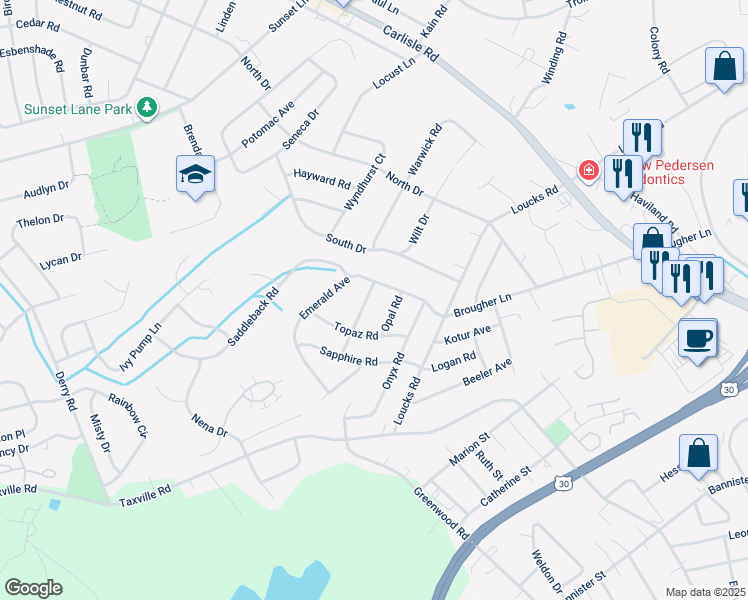 map of restaurants, bars, coffee shops, grocery stores, and more near 2406 Amethyst Road in York