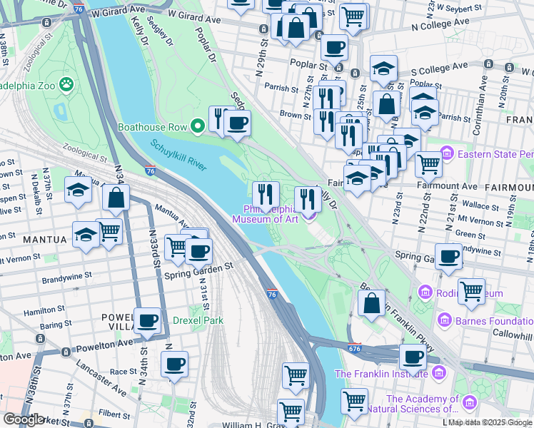 map of restaurants, bars, coffee shops, grocery stores, and more near 640 Waterworks Drive in Philadelphia