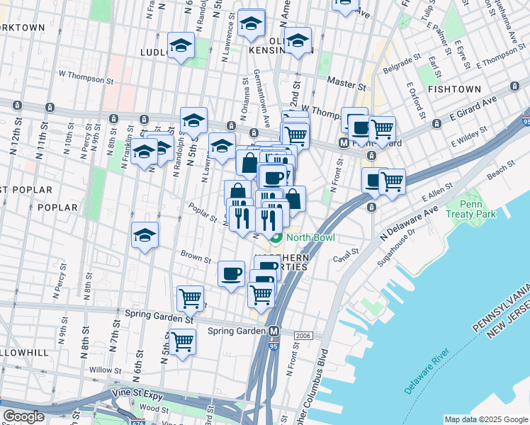 map of restaurants, bars, coffee shops, grocery stores, and more near 957 N American St in Philadelphia